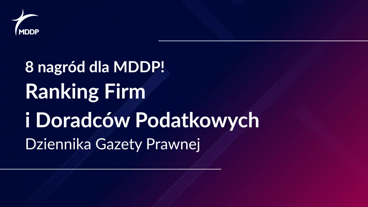 Logo MDDP i tekst: "8 nagród dla MDDP! Ranking Firm i Doradców Podatkowych Dziennika Gazety Prawnej".