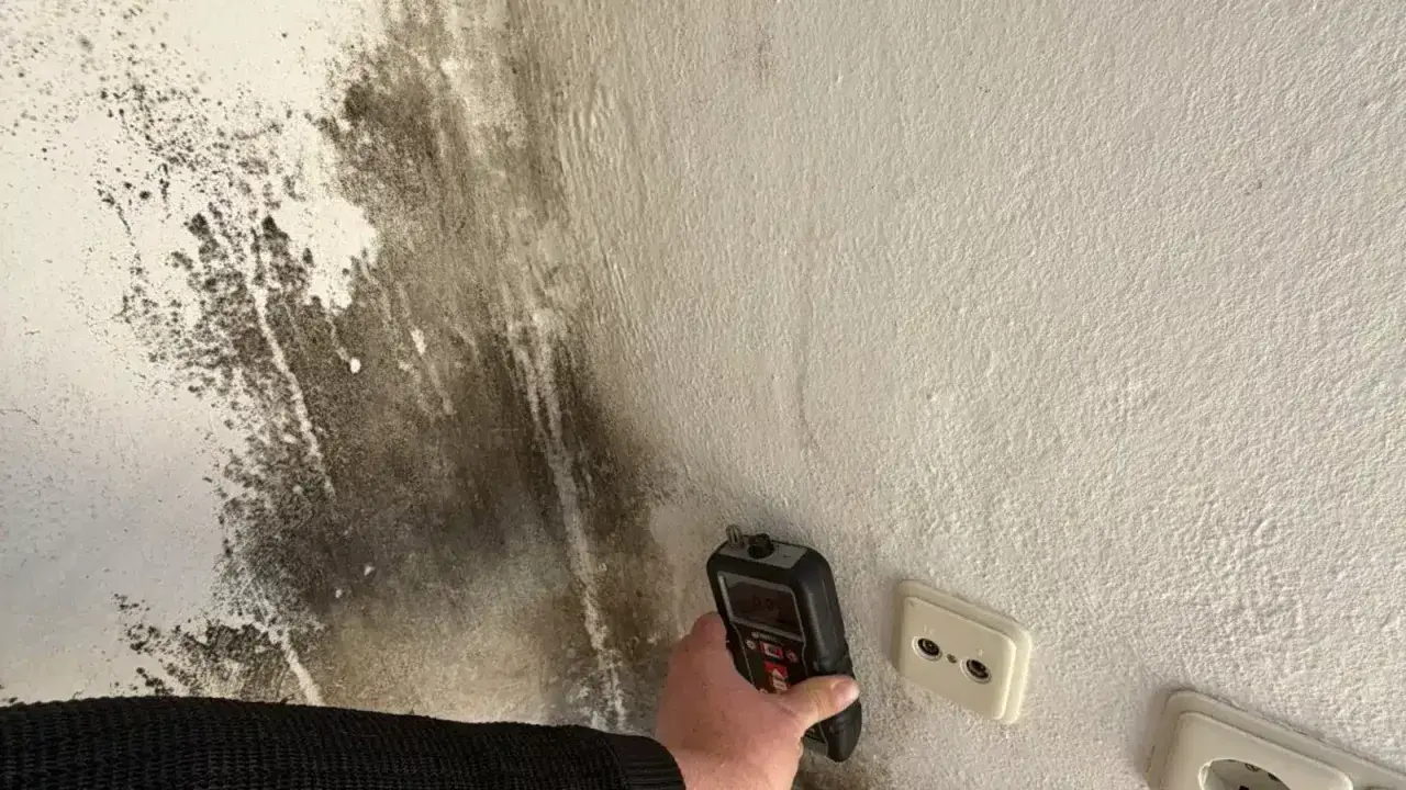 Ein Gerät misst die Feuchtigkeit an einer **schimmeligen Wand**. Dunkle Flecken breiten sich aus.
