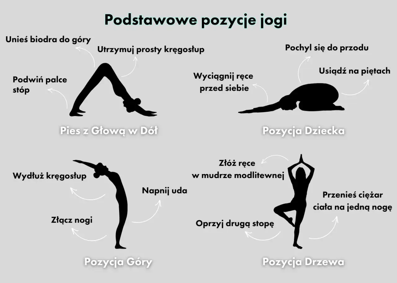 Ilustracja pokazuje podstawowe asany jogi: Pies z Głową w Dół, Pozycja Dziecka, Pozycja Góry i Pozycja Drzewa.