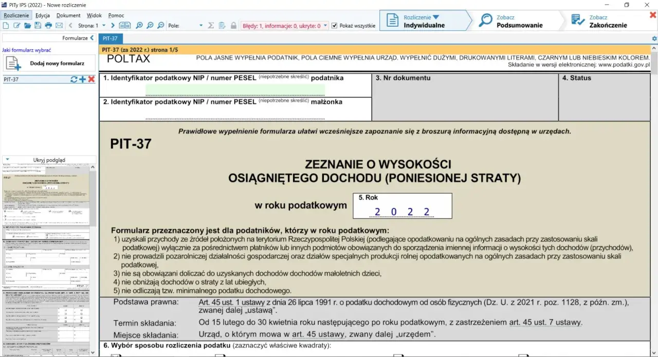 Zrzut ekranu z programu do rozliczania PIT-37, widoczny formularz zeznania podatkowego.