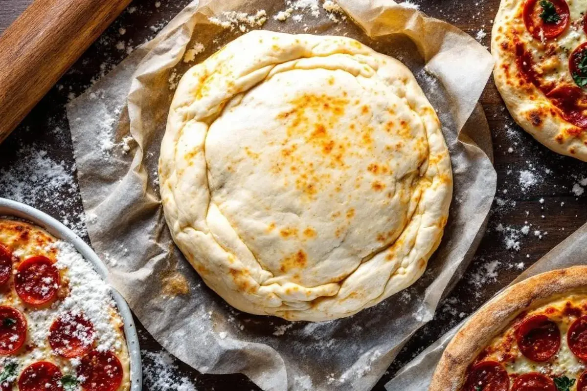 Une pâte filo dorée, prête à être garnie, repose sur du papier cuisson. Autour, des pizzas au pepperoni et un rouleau à pâtisserie.