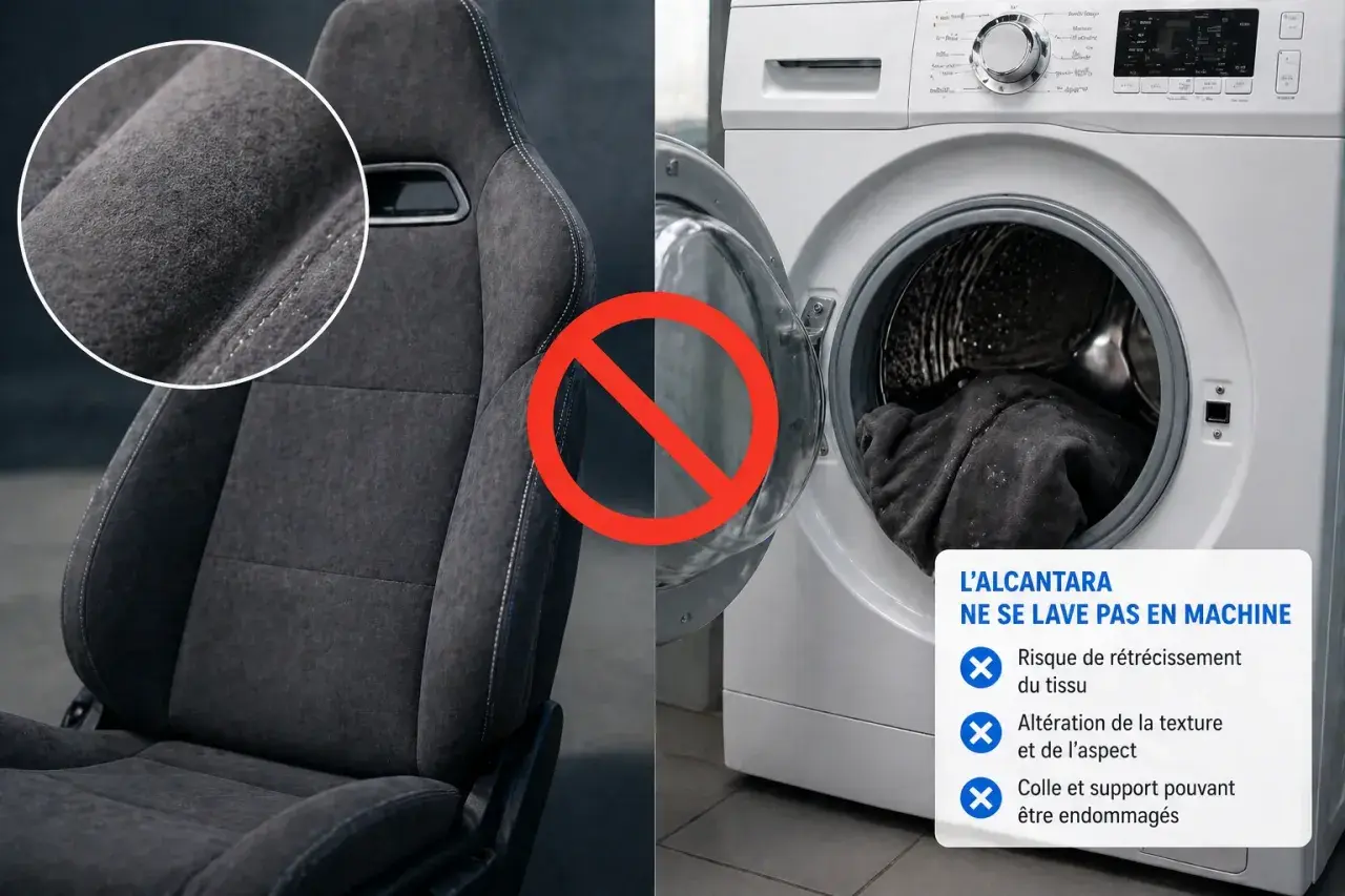 Siège baquet en Alcantara gris, à côté d'une machine à laver ouverte. Interdiction de lavage en machine pour le nettoyage de l'Alcantara.