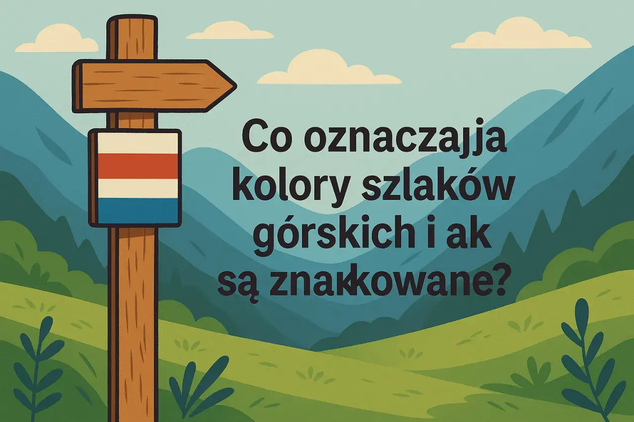 Drewniany drogowskaz górski z tabliczką w kolorach czerwonym, białym i niebieskim na tle gór.