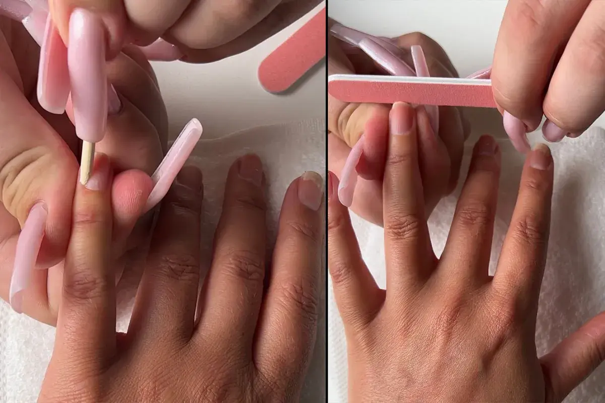 Två bilder visar en hand som får naglar fixade. En nagelbandsspatel används i ena bilden, och en rosa nagelfil i den andra. Perfekt för neonails!