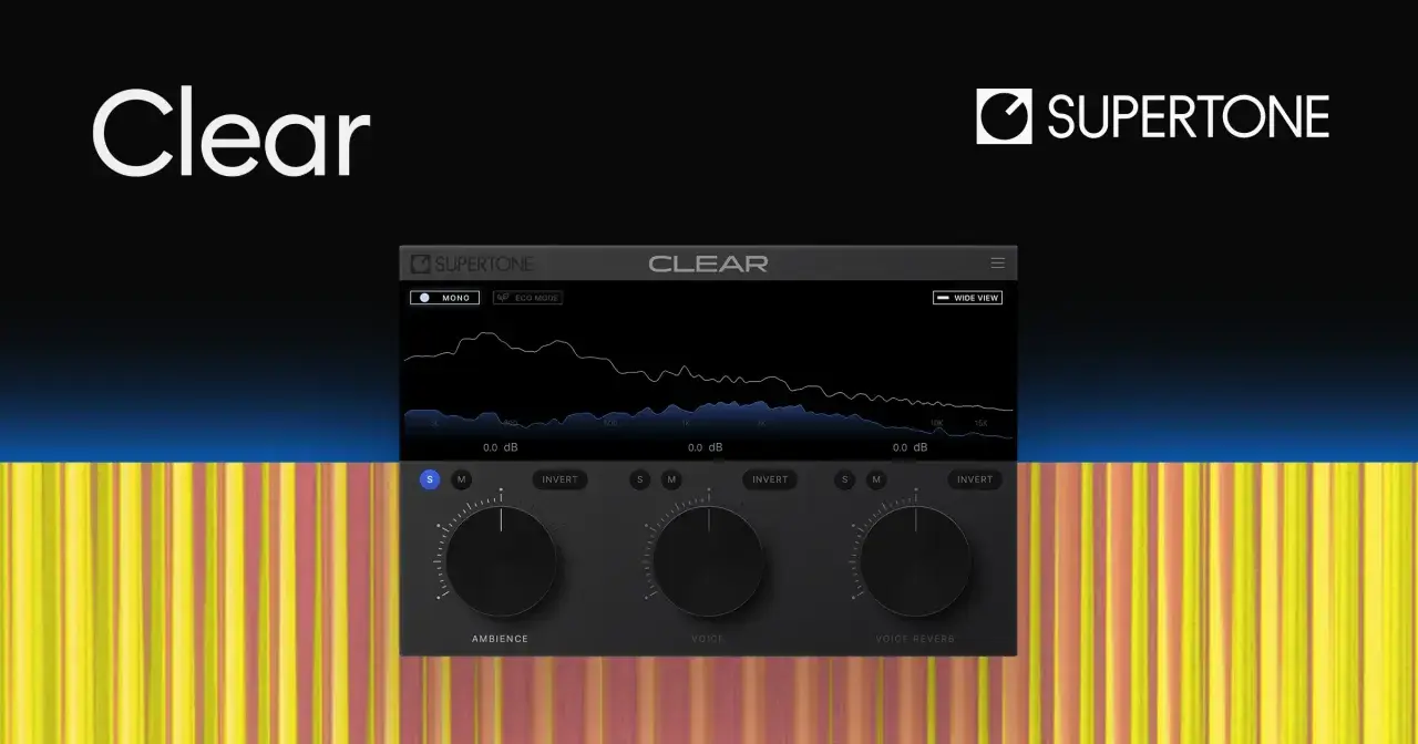 The Supertone Clear interface, a goyo voice separator, displays audio spectrum analysis and controls for ambience, voice, and voice reverb.