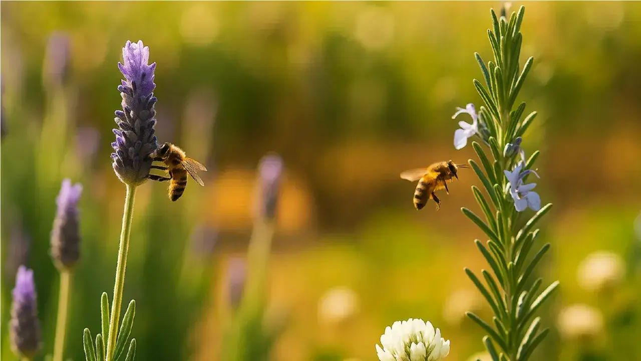 Dos abejas visitan flores de lavanda y romero. Un ejemplo perfecto de como atraer abejas a tu jardín.