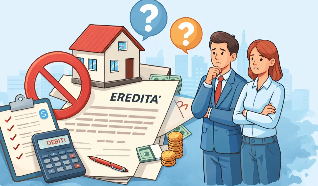 Coppia pensierosa valuta l'atto di rinuncia alla proprietà, con casa, debiti e denaro.