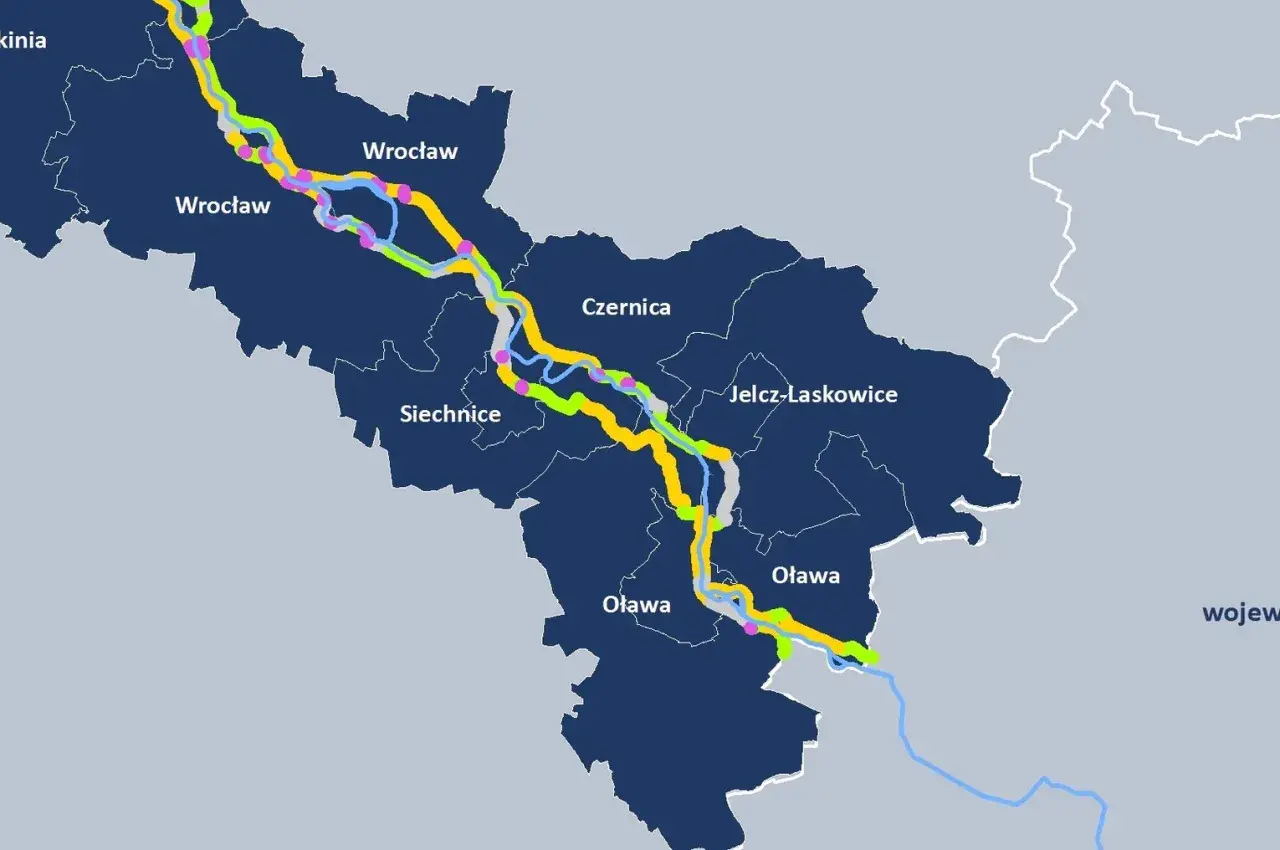 Mapa z zaznaczonymi trasami rowerowymi, w tym niebieskim velo, łączącymi Wrocław z okolicznymi miejscowościami jak Siechnice i Oława.