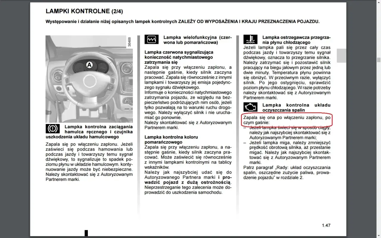 Pomarańczowa kontrolka układu oczyszczania spalin w Dacia Duster zapala się po włączeniu zapłonu.