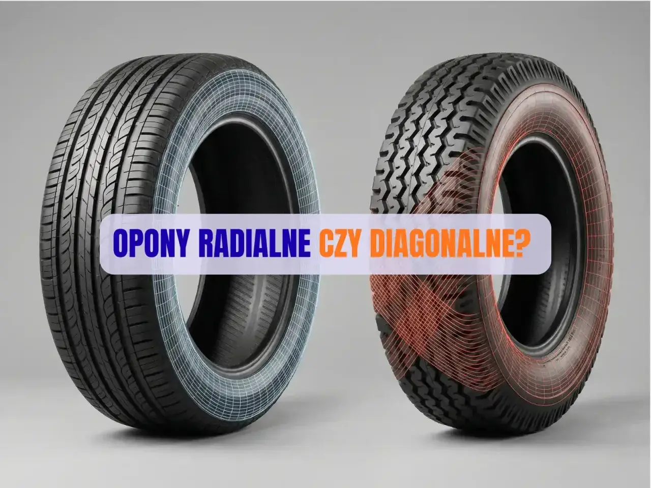Dwa rodzaje opon: po lewej nowoczesne opony radialne z niebieskim schematem, po prawej starsze opony diagonalne z czerwonym schematem.