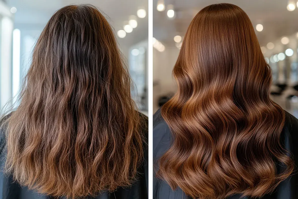 Antes y después de un tratamiento capilar con ácido glicólico, mostrando un cabello seco y dañado transformado en melena brillante y sedosa.