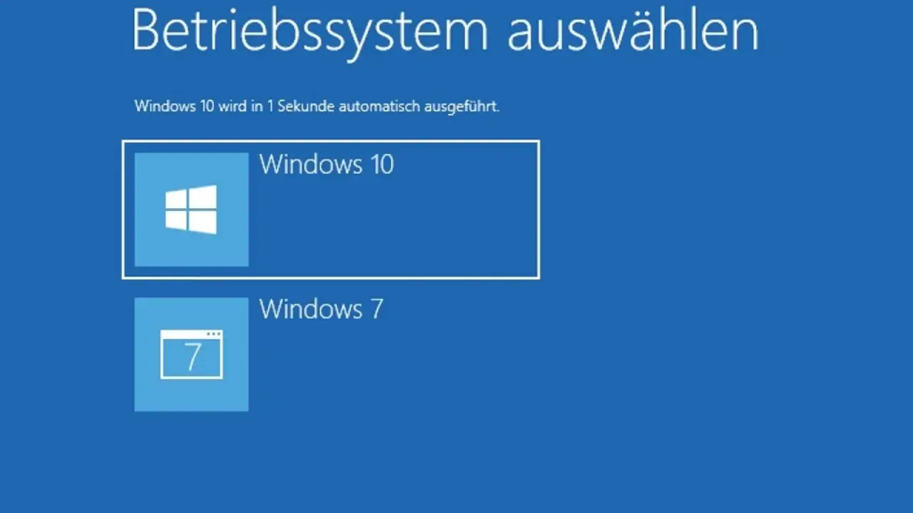 Betriebssystemauswahl: Windows 10 wird automatisch gestartet, aber Windows 7 ist auch wählbar.