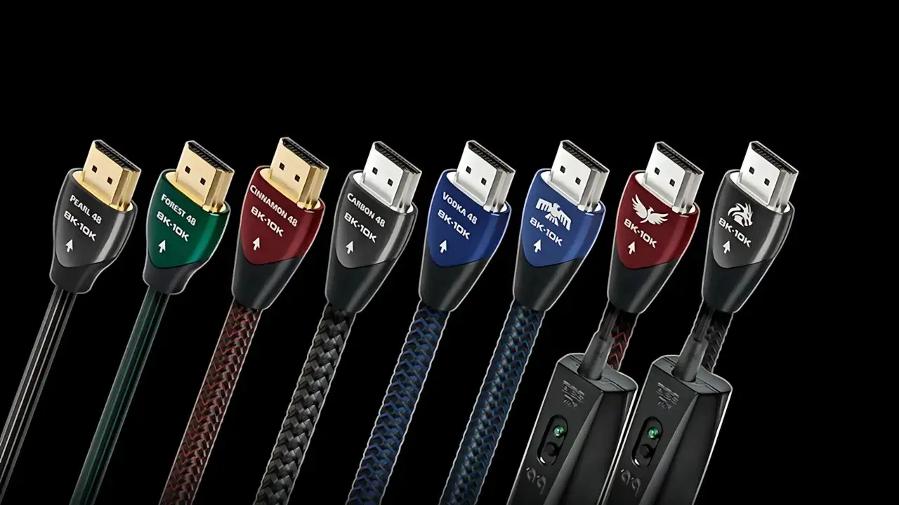 Różne modele kabli HDMI 2.1, każdy z unikalnym kolorem i oznaczeniem, gotowe do obsługi 8K i 10K.