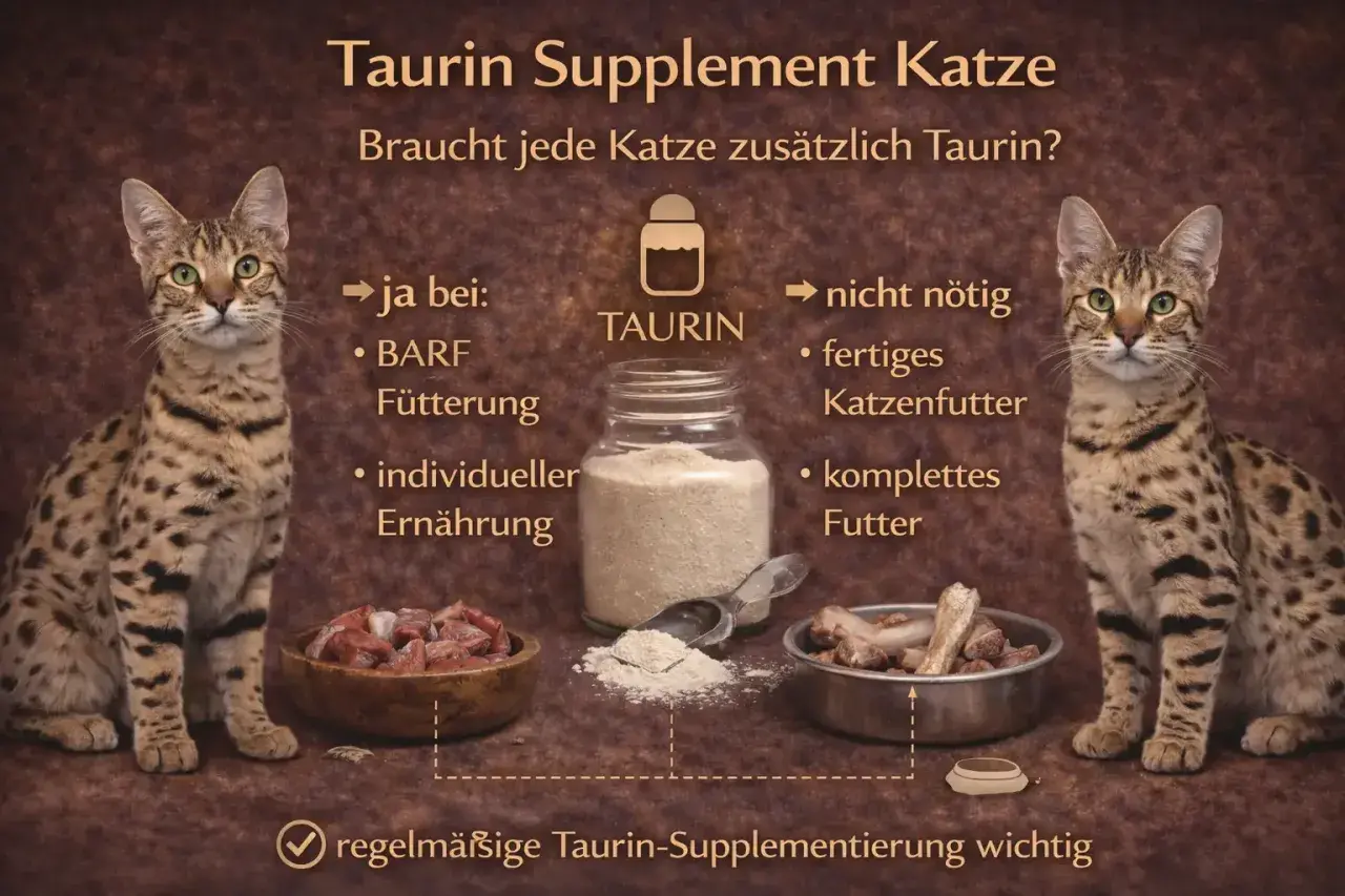 Zwei Katzen flankieren eine Darstellung von Taurin-Pulver. Die Grafik erklärt, wann Taurin für Katzen wichtig ist, z.B. bei BARF-Fütterung.