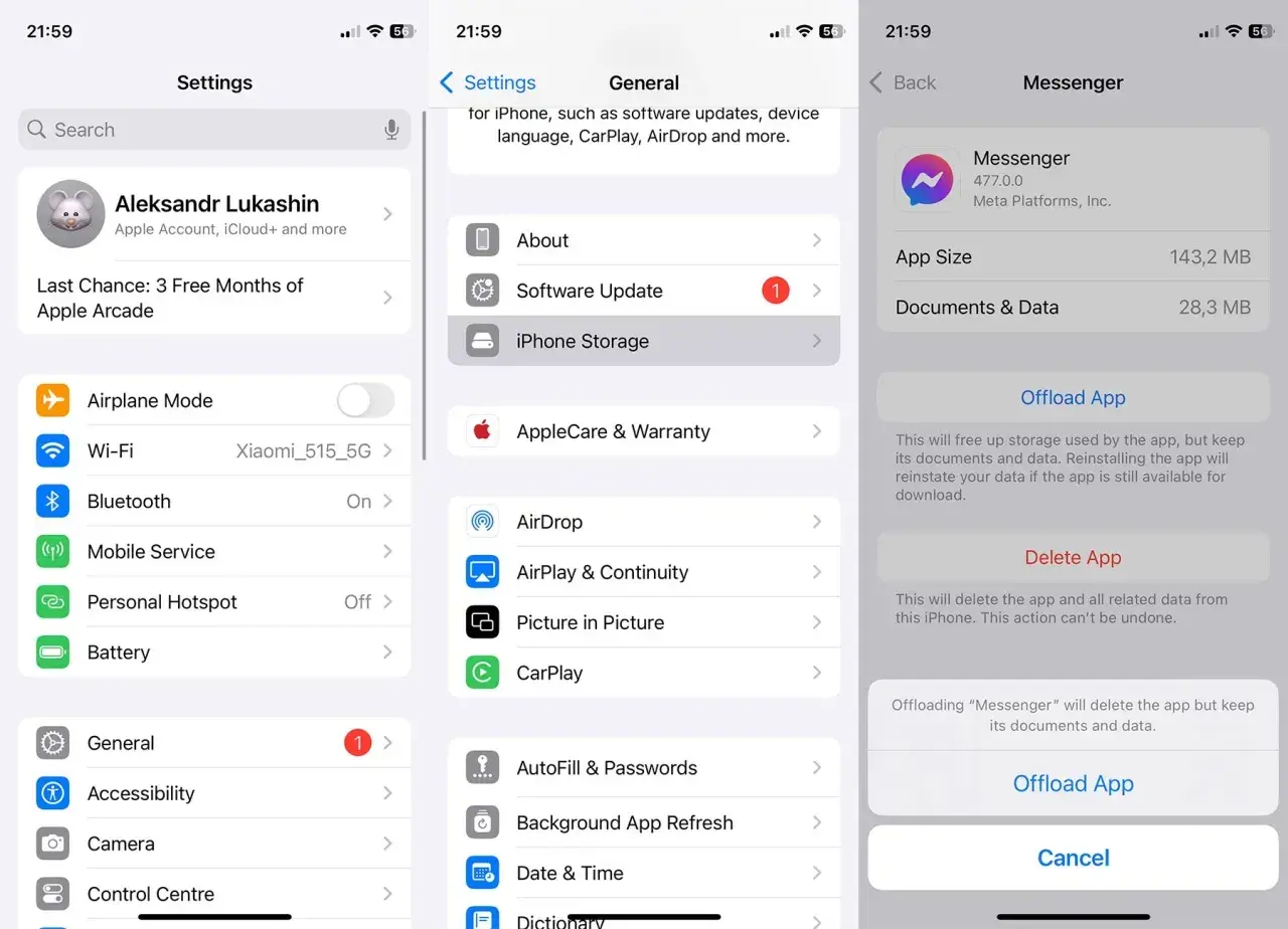 Sprawdzam, czy wiadomości na Messengerze zajmują pamięć. Widok pokazuje ustawienia iPhone'a, gdzie można zarządzać przestrzenią dyskową aplikacji.