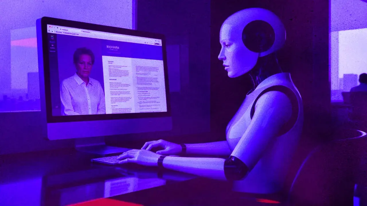 Robot analizuje CV kobiety na ekranie komputera.
