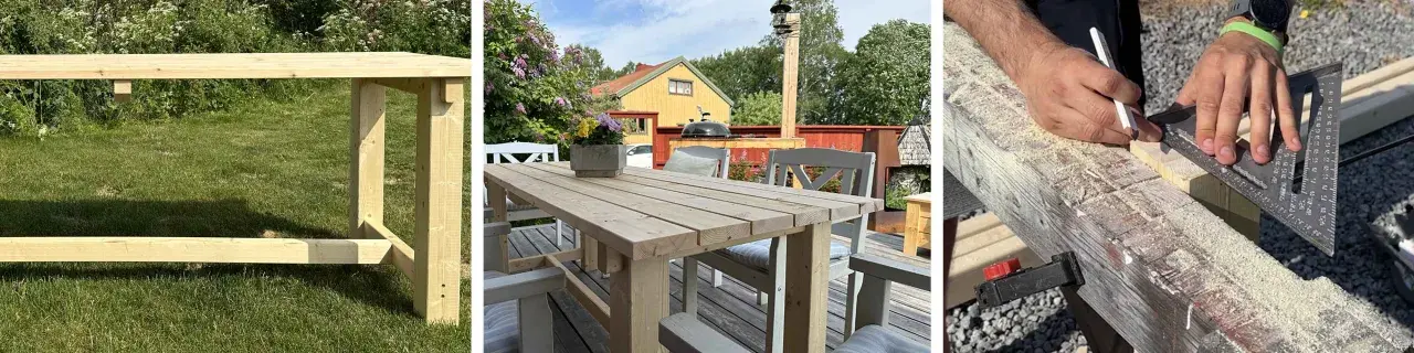 Bygga utebord: en trästomme på gräsmattan, ett färdigt bord med stolar på en altan, och en person som mäter trä för bygget.