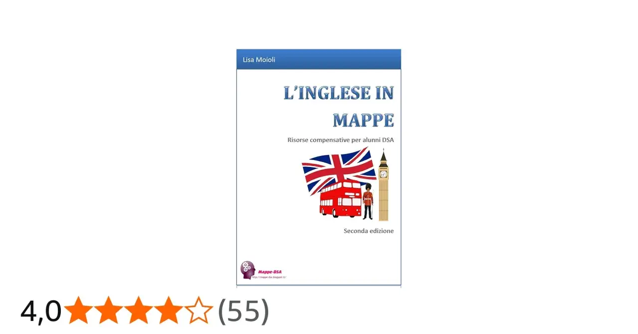 Copertina libro "L'inglese in mappe" per alunni DSA, con autobus rosso, bandiera UK e Big Ben. Risorse utili per chi studia l'inglese.