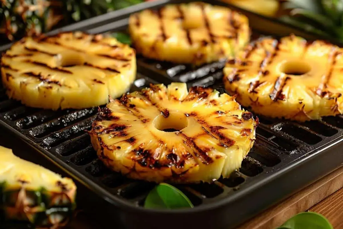 Tranches d'ananas au barbecue, caramélisées et grillées, sur une plaque de cuisson.