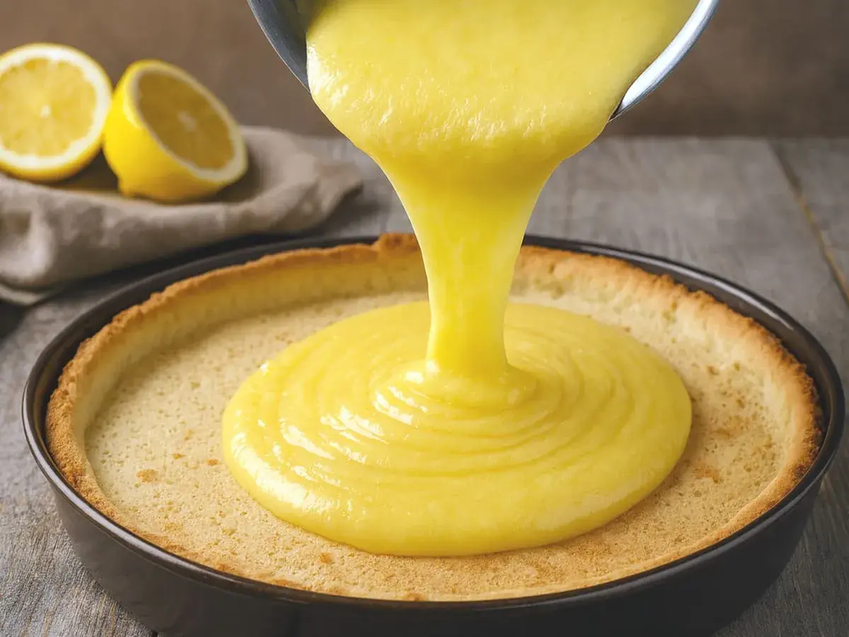 Une crème onctueuse au lemon curd est versée dans une tartelette dorée. Des citrons coupés en deux sont en arrière-plan.