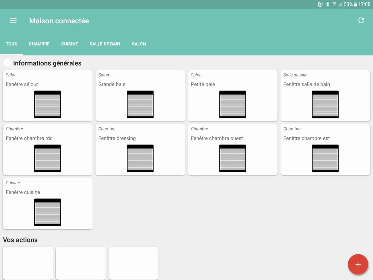 Interface Maison connectée avec des volets roulants Somfy pilotés par Freebox Delta.