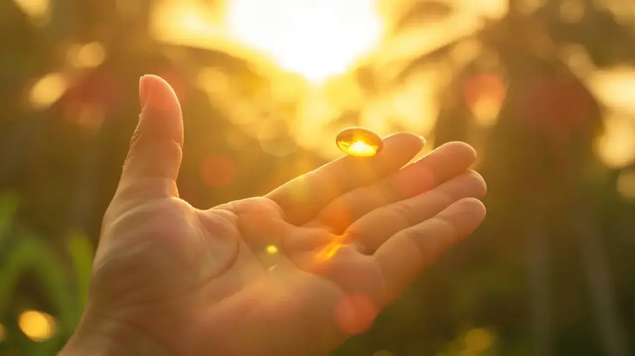 Dłoń trzymająca kapsułkę witaminy D, oświetloną ciepłym, złotym blaskiem zachodzącego słońca.