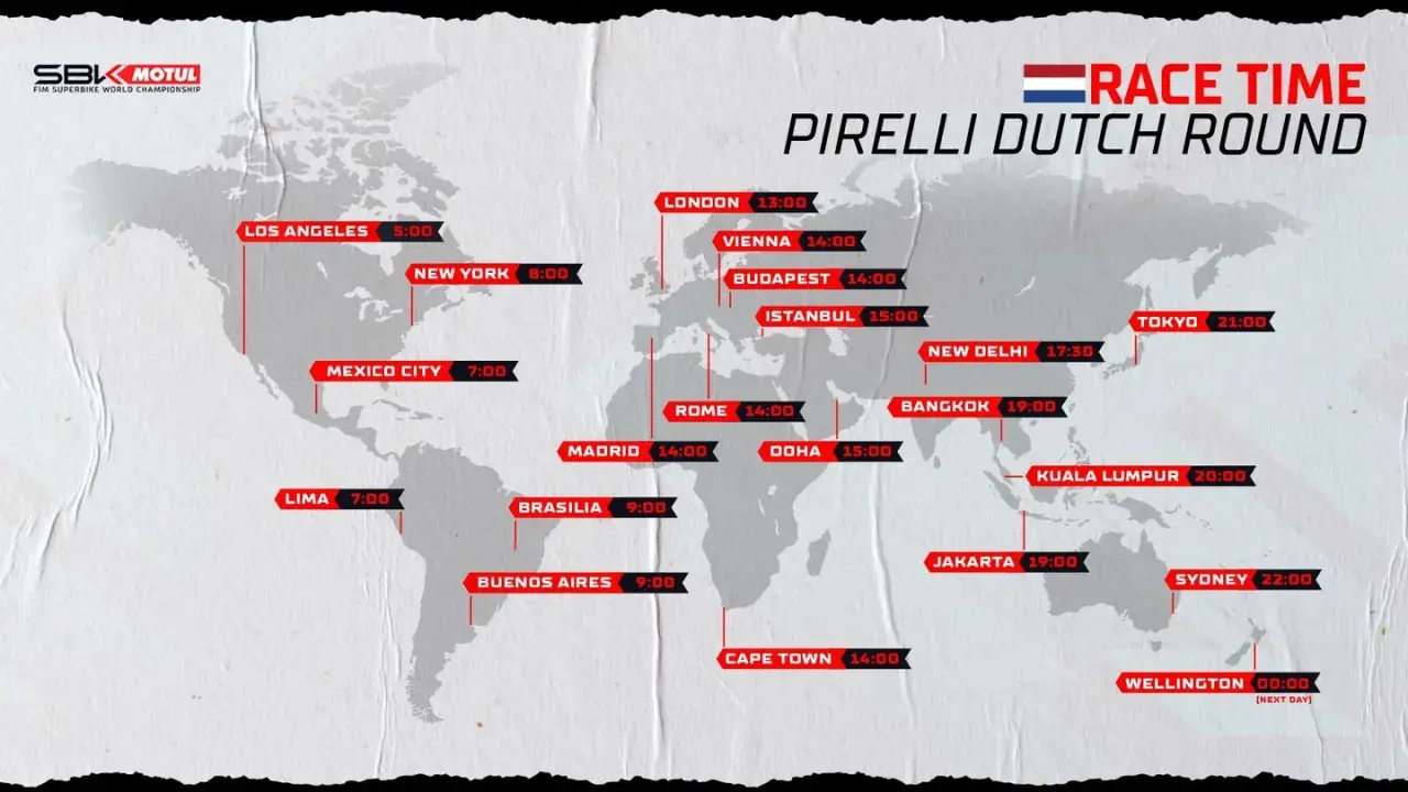 Mapa mundial con el horario SBK hoy para el Pirelli Dutch Round. Muestra horas locales en ciudades como Londres, Nueva York y Tokio.