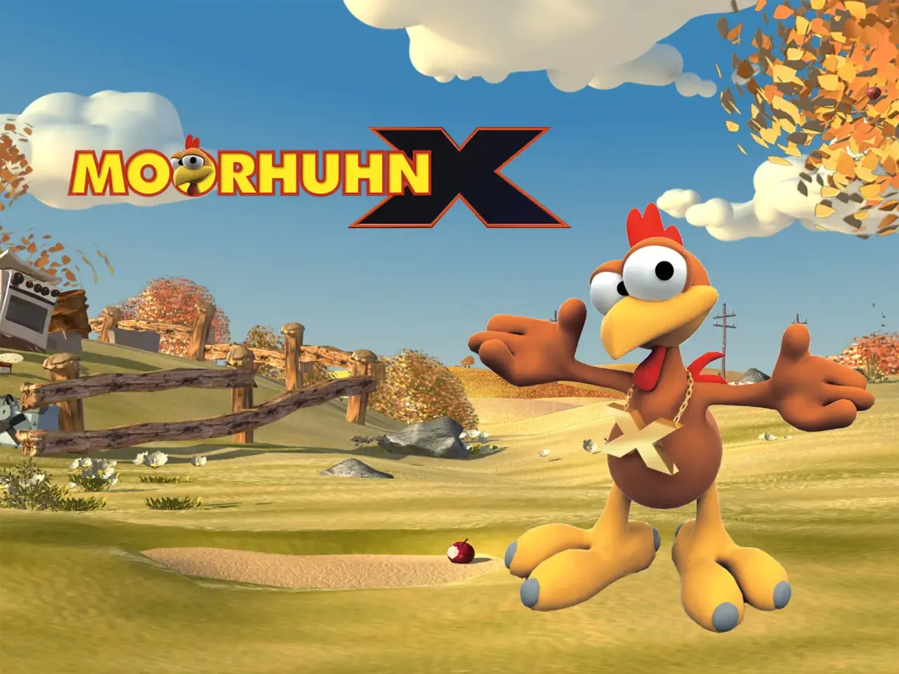 Ein verrücktes Huhn mit goldener Kette und einem X-Anhänger steht auf einem Feld. Im Hintergrund das Logo "Moorhuhn X" und Herbstlaub.