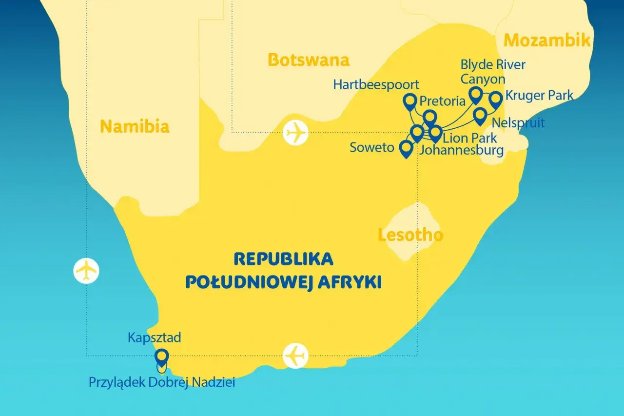 Mapa Afryki Południowej. Kapsztad leży na południowym krańcu kontynentu, blisko Przylądka Dobrej Nadziei.