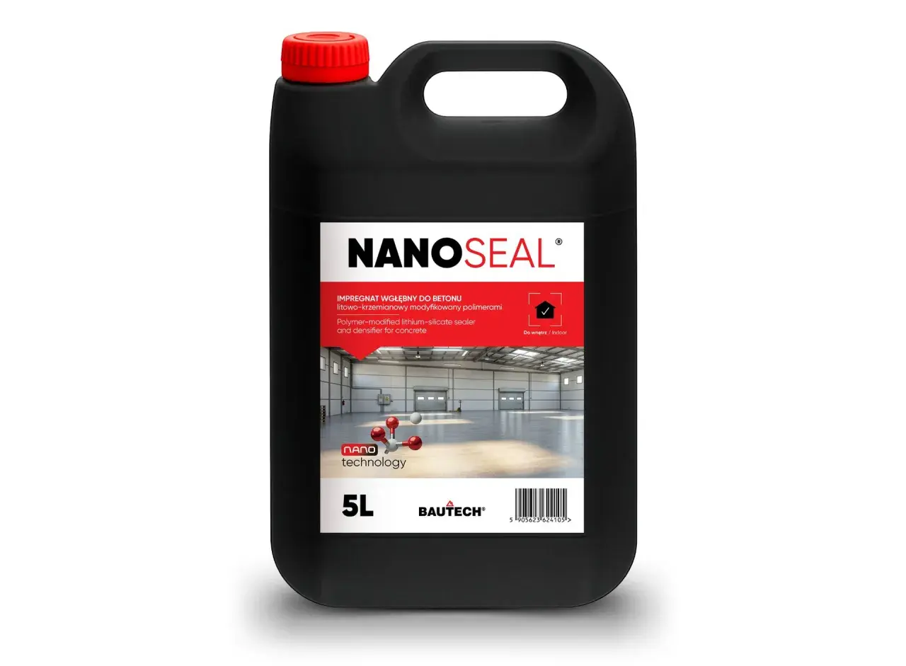 Czarny kanister z preparatem NANOSEAL, impregnatem wgłębnym do betonu. To szkło w płynie do betonu, które chroni powierzchnie.