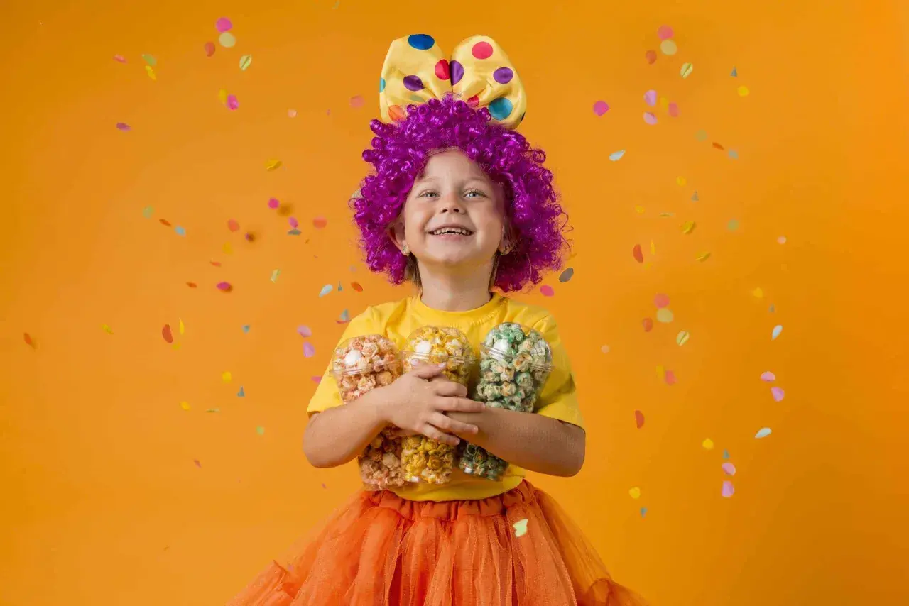 Niña con disfraz casero de payaso, peluca morada, lazo amarillo con lunares y falda naranja, sosteniendo tres vasos de palomitas de colores.