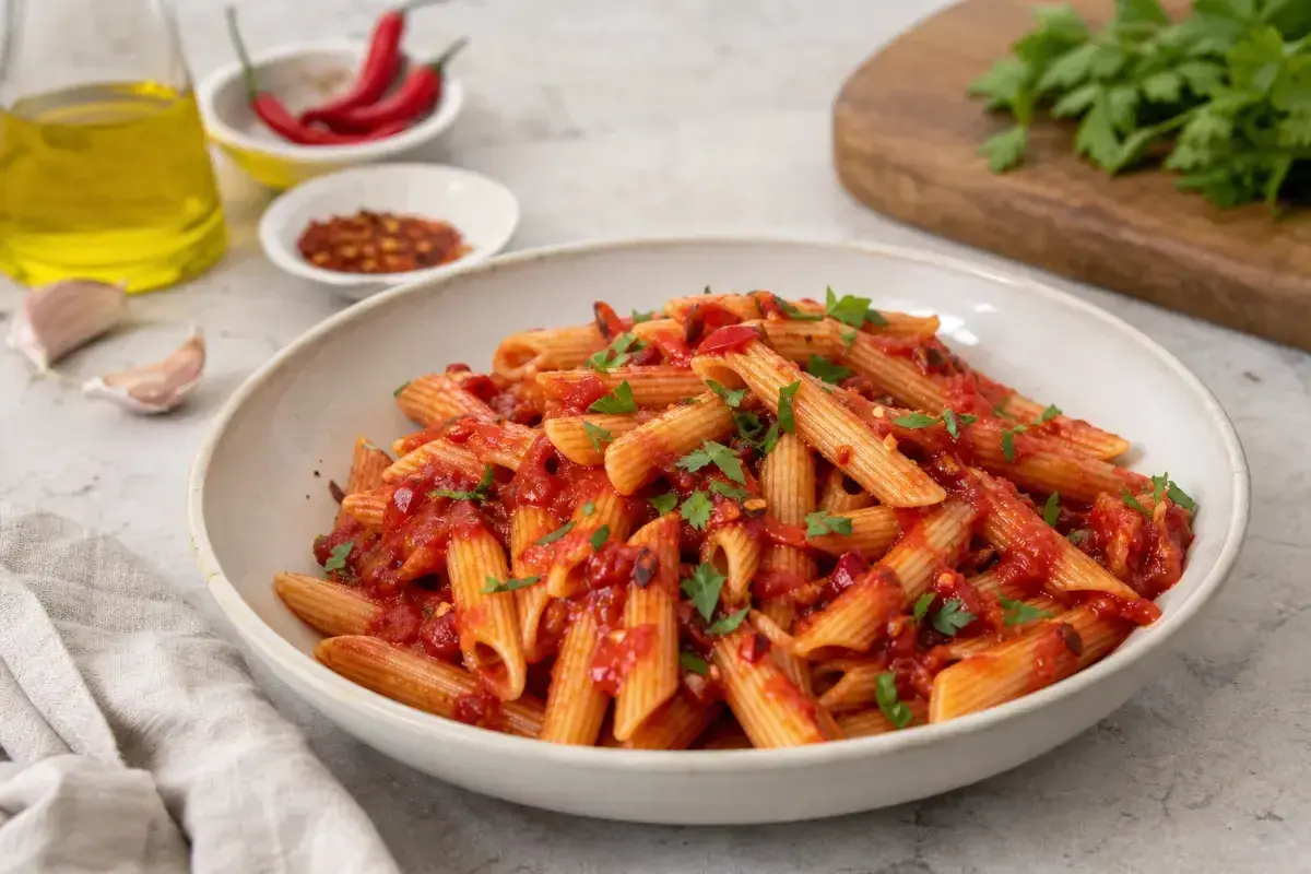 En skål med penne pasta all'arrabbiata, toppad med persilja. Runtom syns chili, vitlök och olivolja.