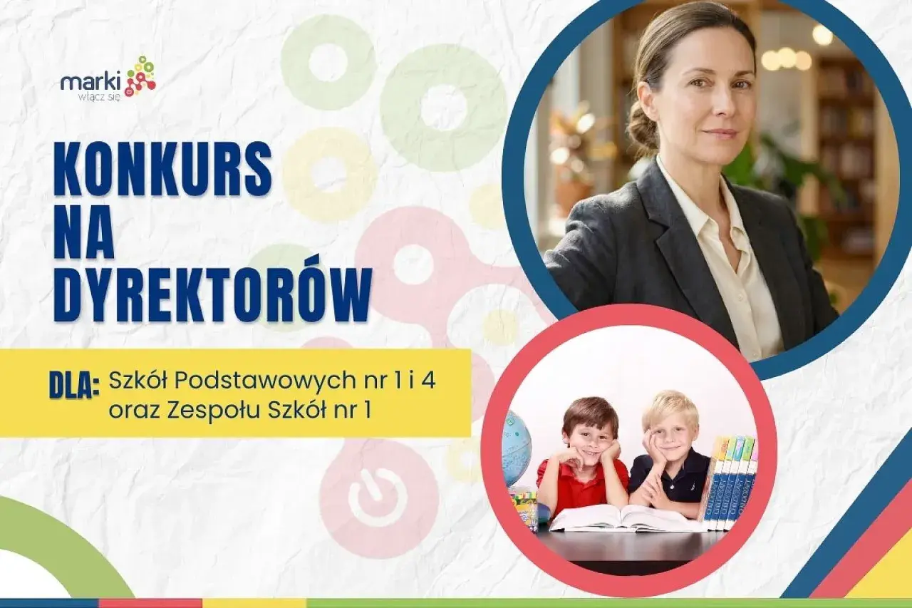Konkurs na dyrektorów szkół podstawowych i zespołu szkół. Uśmiechnięci uczniowie i poważna dyrektorka.