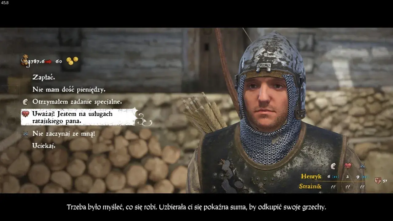 Kingdom Come: Deliverance poradnik. Henryk, strażnik, rozmawia z graczem, oferując opcje dialogowe.