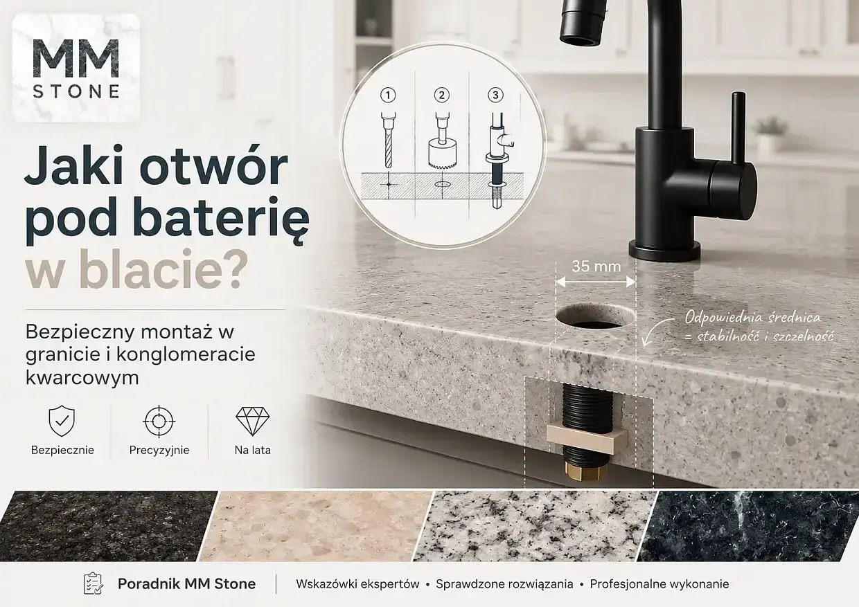 Montaż baterii kuchennej w blacie kwarcowym. Ilustracja pokazuje, jak wywiercić otwór o średnicy 35 mm dla stabilności i szczelności.