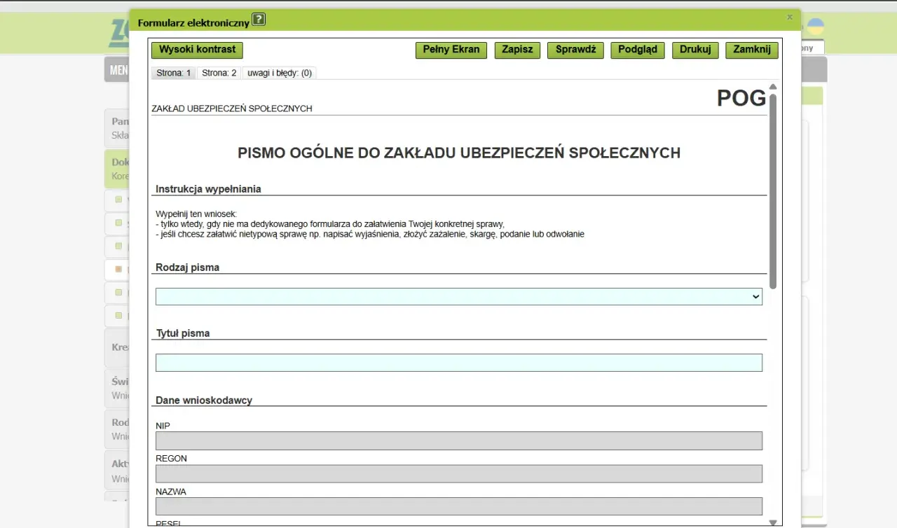 Formularz do ZUS RPA, gdzie można złożyć pismo ogólne, wyjaśnienia, skargę lub odwołanie. Wypełnij dane wnioskodawcy.