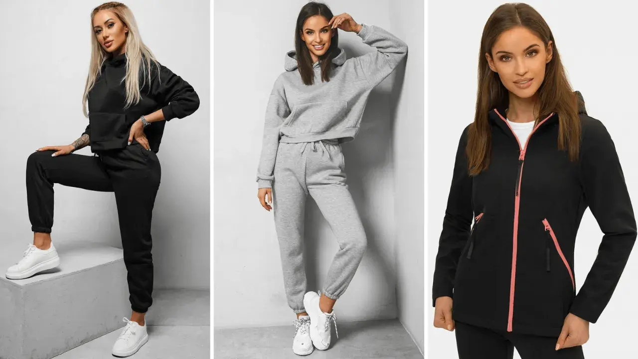Trzy kobiety prezentują zestawy ubrań. Dowiedz się, jak się ubrać w góry jesienią, wybierając wygodne dresy lub kurtkę softshell.