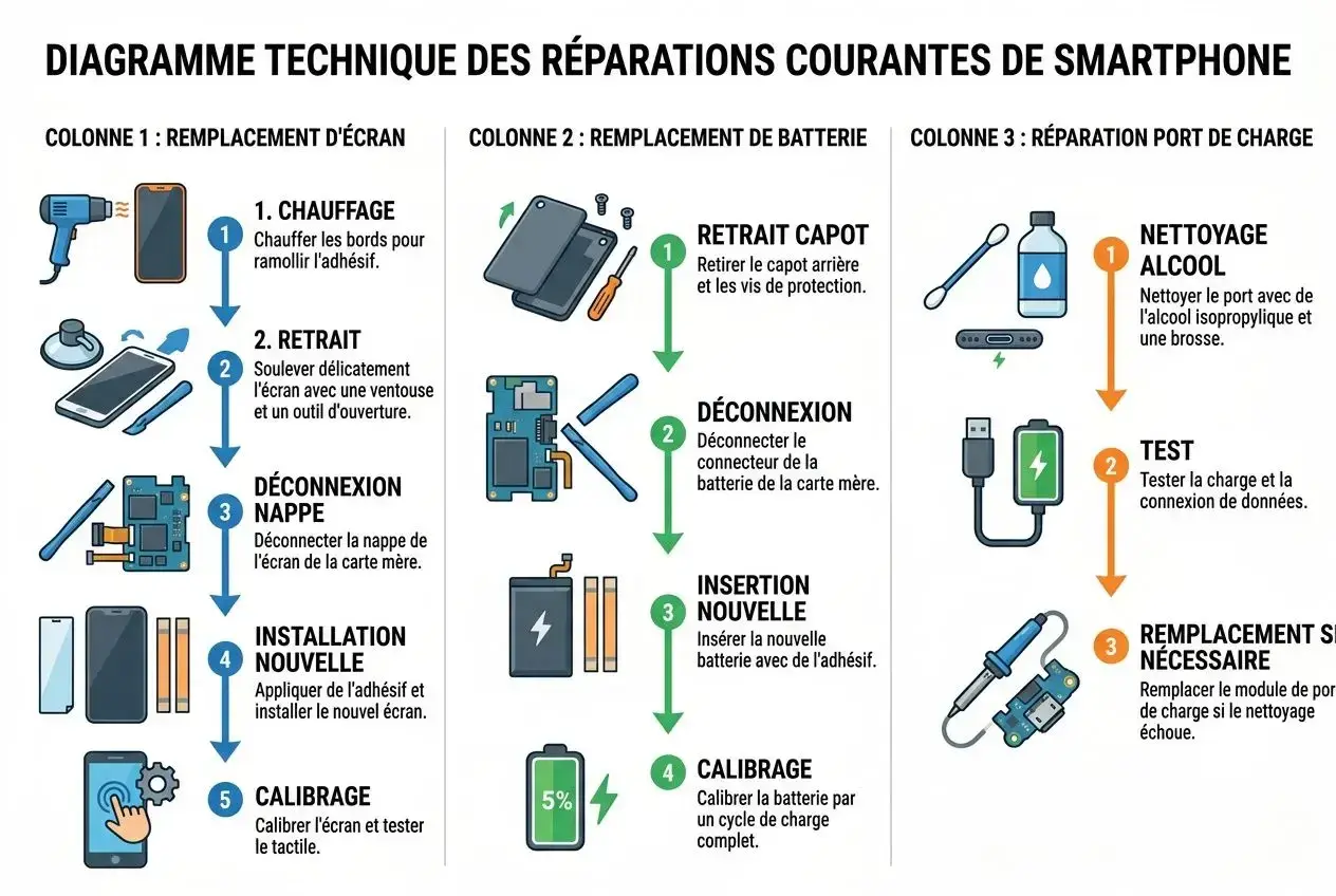 Diagramme des réparations de smartphone : remplacement écran, batterie, port de charge. Ce tech stack visuel guide les étapes.