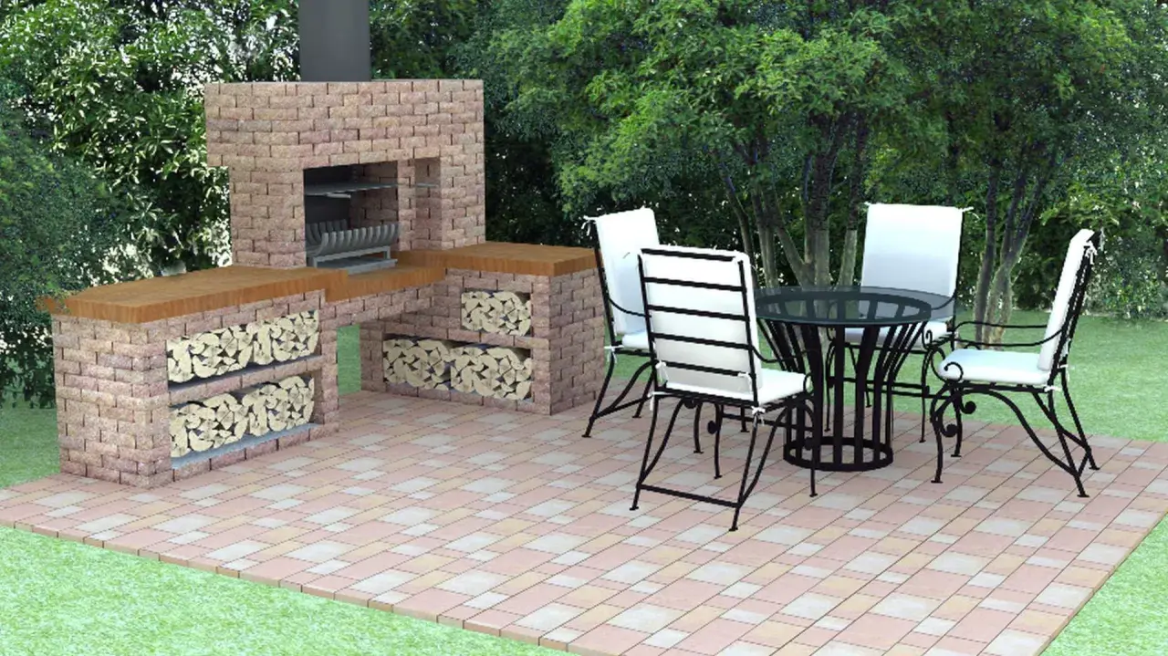 Nowoczesny grill murowany projekt z miejscem na drewno i stolikiem z krzesłami. Idealny na letnie przyjęcia w ogrodzie.
