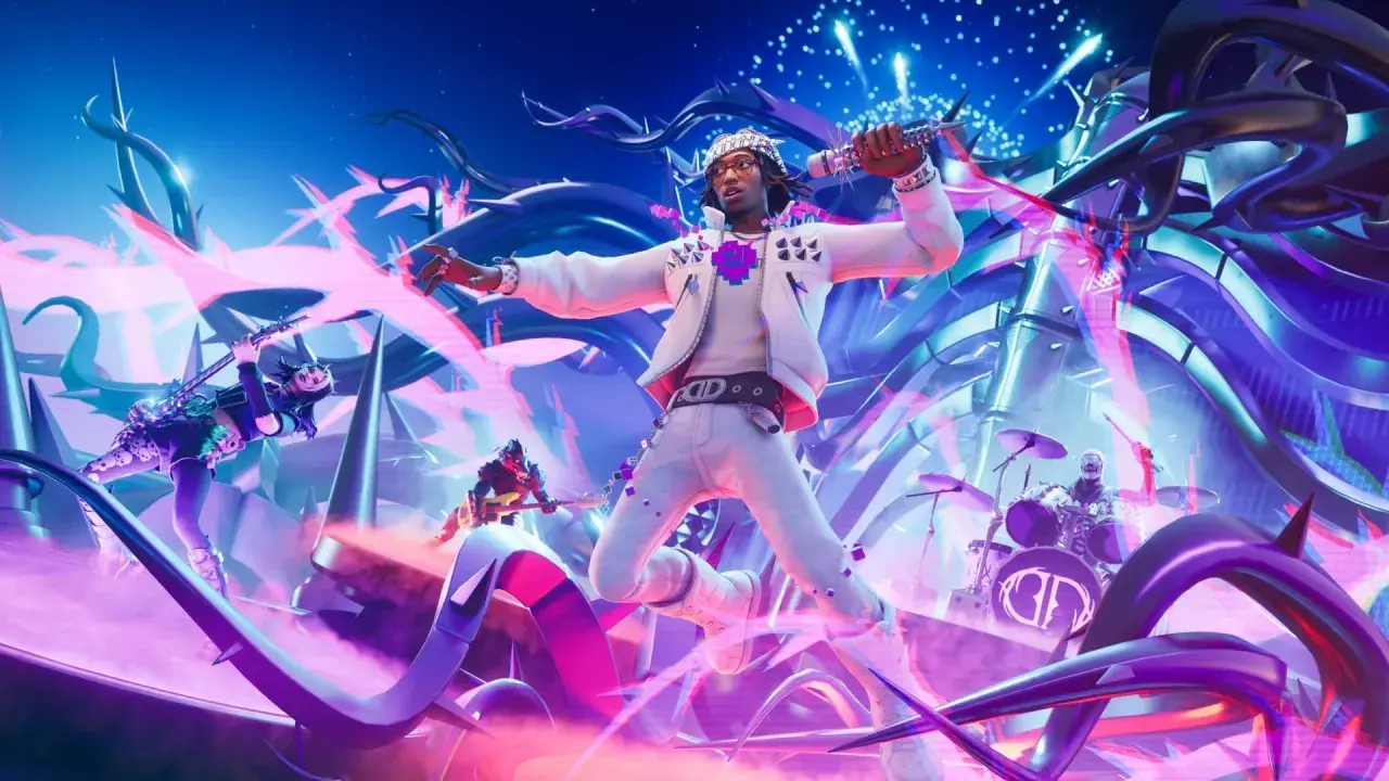 Koncertowa scena z najnowsza aktualizacja Fortnite. Wokalista skacze z mikrofonem, gitarzystka gra na scenie, a perkusista wybija rytm.