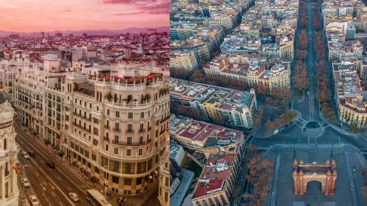 Vista aérea de edificios en Madrid al atardecer y una calle arbolada con el Arco del Triunfo en Barcelona.