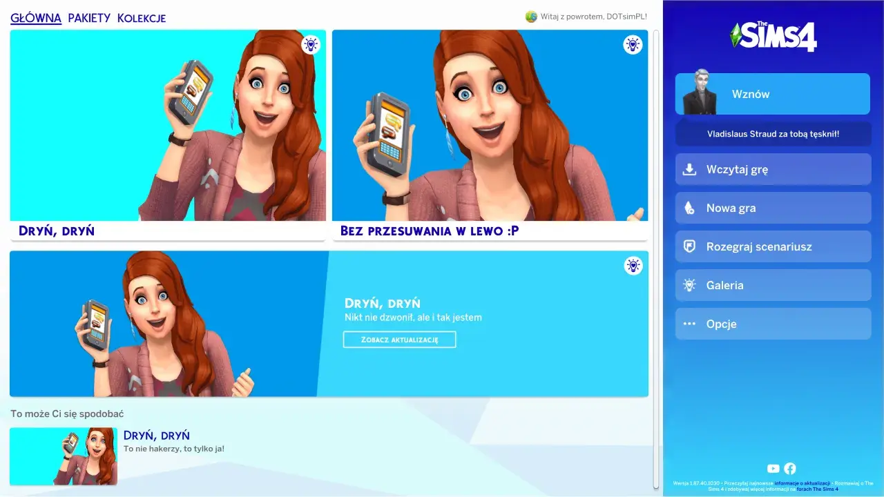 Kobieta z rudymi włosami trzyma telefon, sugerując aktualizację Sims 4. Obok przycisk "Zobacz aktualizację".