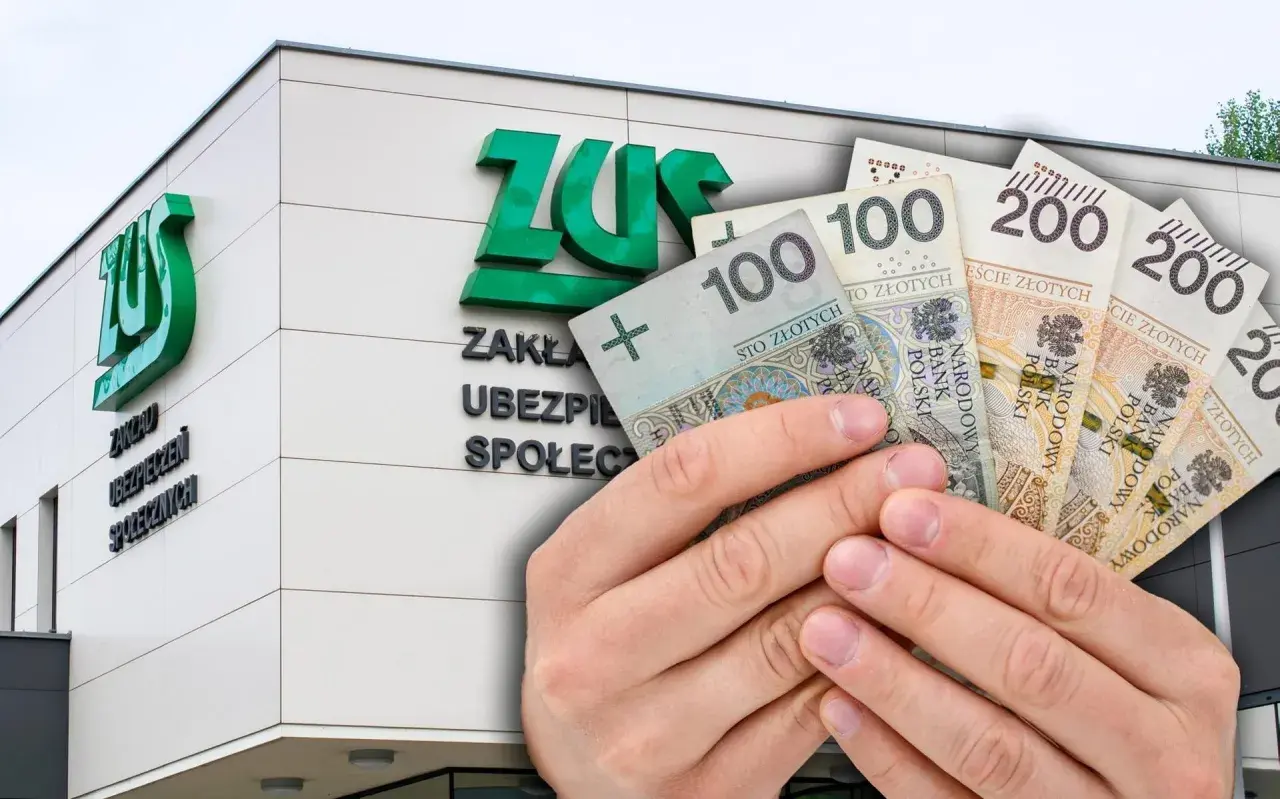 Ręce trzymają polskie banknoty przed budynkiem ZUS. Wnioski 800 plus 2026 – czy pieniądze wystarczą?