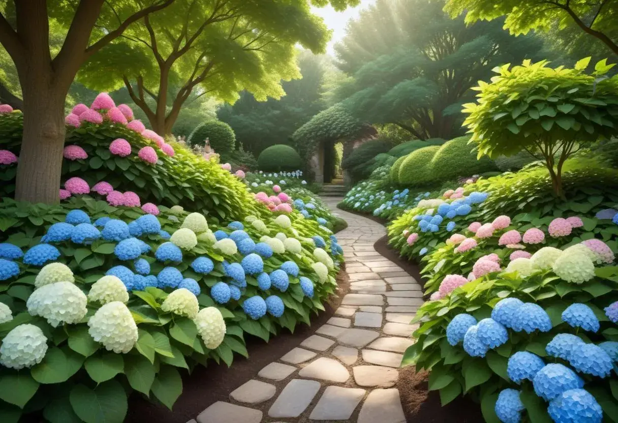 En slingrande stenlagd stig leder genom en lummig trädgård fylld av en magnifik hortensia rabatt i nyanser av rosa, blått och vitt.