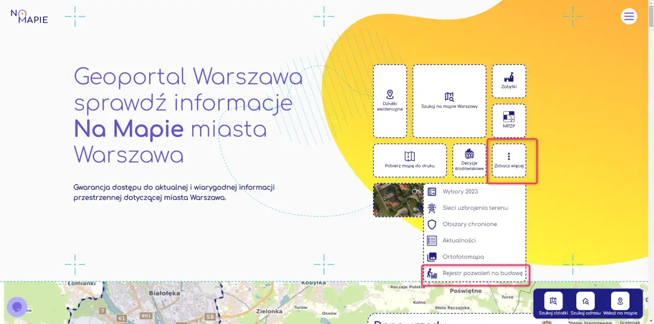 Geoportal Warszawa: jak sprawdzić pozwolenie na budowę. Kliknij "Rejestr pozwoleń na budowę" w menu "Zobacz więcej".