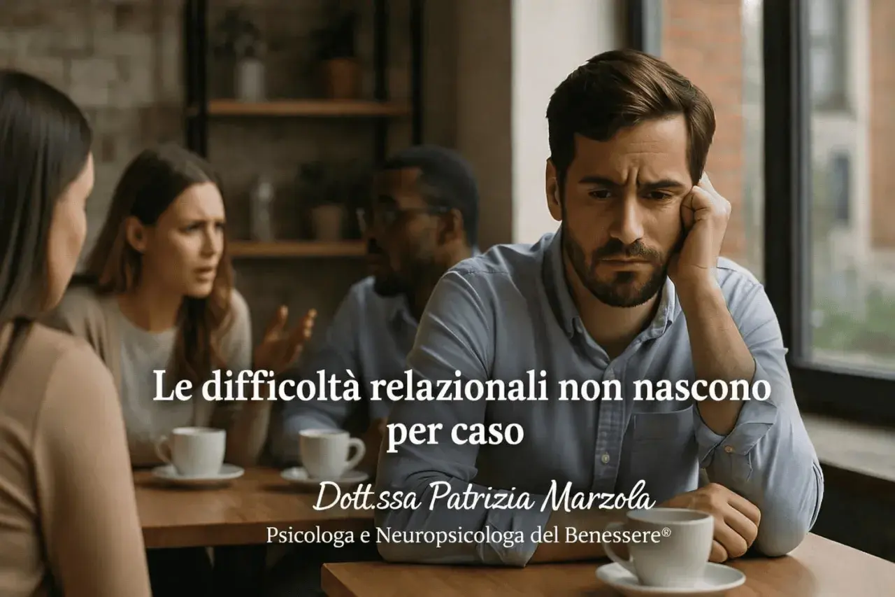 Uomo pensieroso in primo piano, mentre sullo sfondo una coppia discute animatamente. Le difficoltà relazionali possono colpire anche adulti che non hanno mai avuto una relazione.