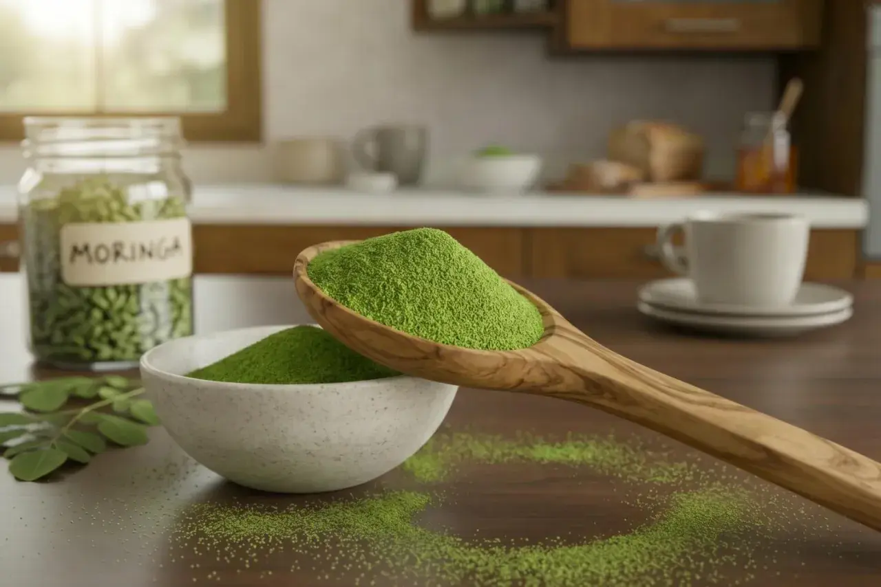 Polvere di moringa su un cucchiaio di legno, con un barattolo e una ciotola pieni. Scopri le incredibili moringa proprietà per il tuo benessere.