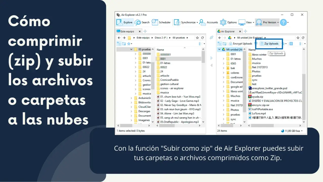 Cómo comprimir (zip) y subir archivos a la nube. Air Explorer muestra la opción "Zip Uploads" para subir carpetas comprimidas.