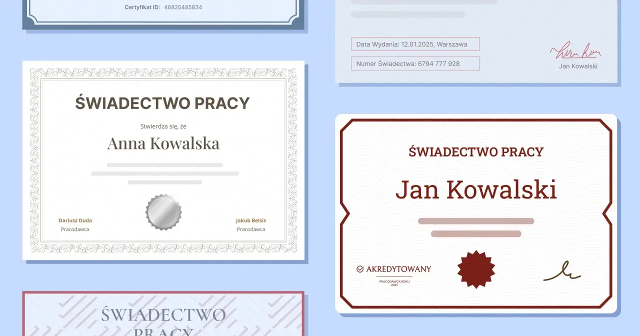 Świadectwo pracy dla Anny Kowalskiej i Jana Kowalskiego. Czy po umowie zlecenie jest świadectwo pracy? Dokumenty potwierdzają zatrudnienie.