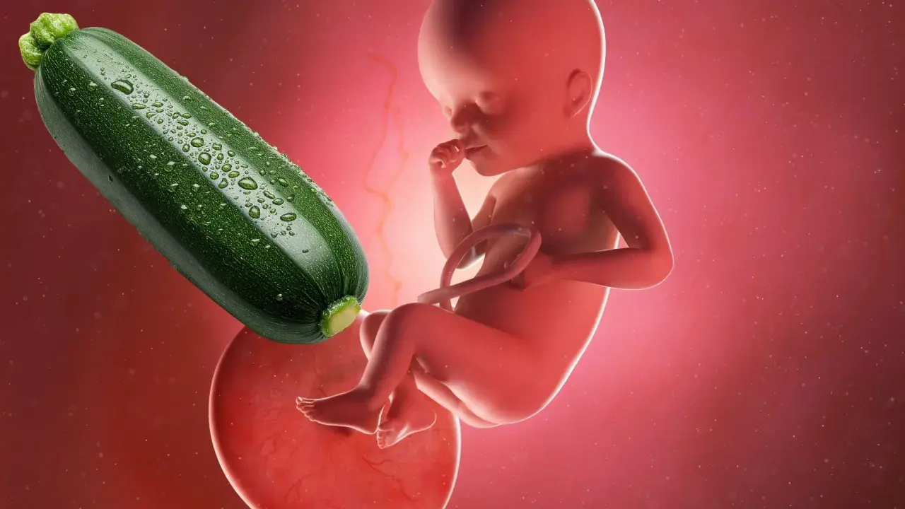 Feto di 25 settimane di gravidanza, circa 6 mesi, accanto a una zucchina.